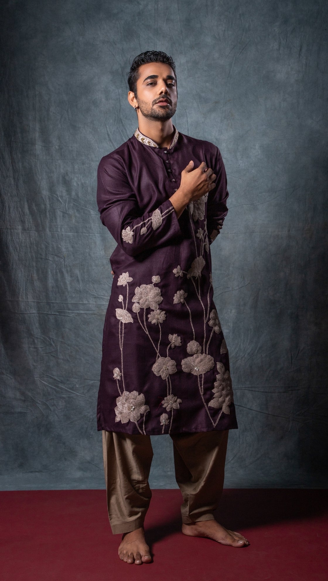 Dark Purple Lotus Embroidered Kurta