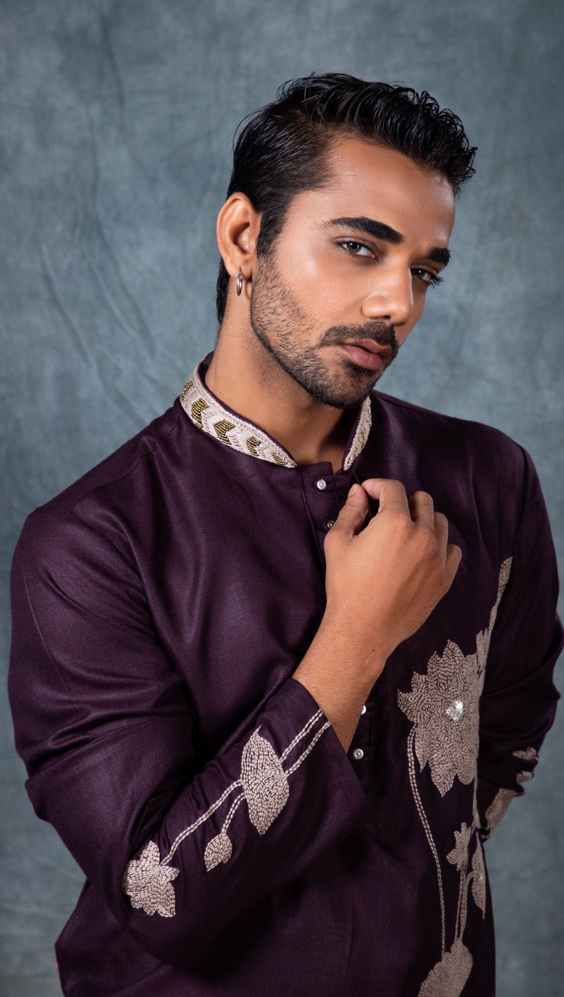 Dark Purple Lotus Embroidered Kurta