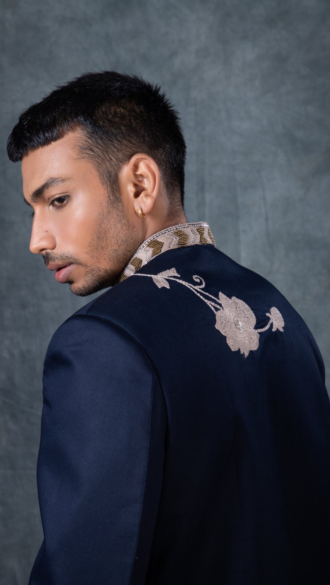 Midnight blue lotus embroidered bandhgala set