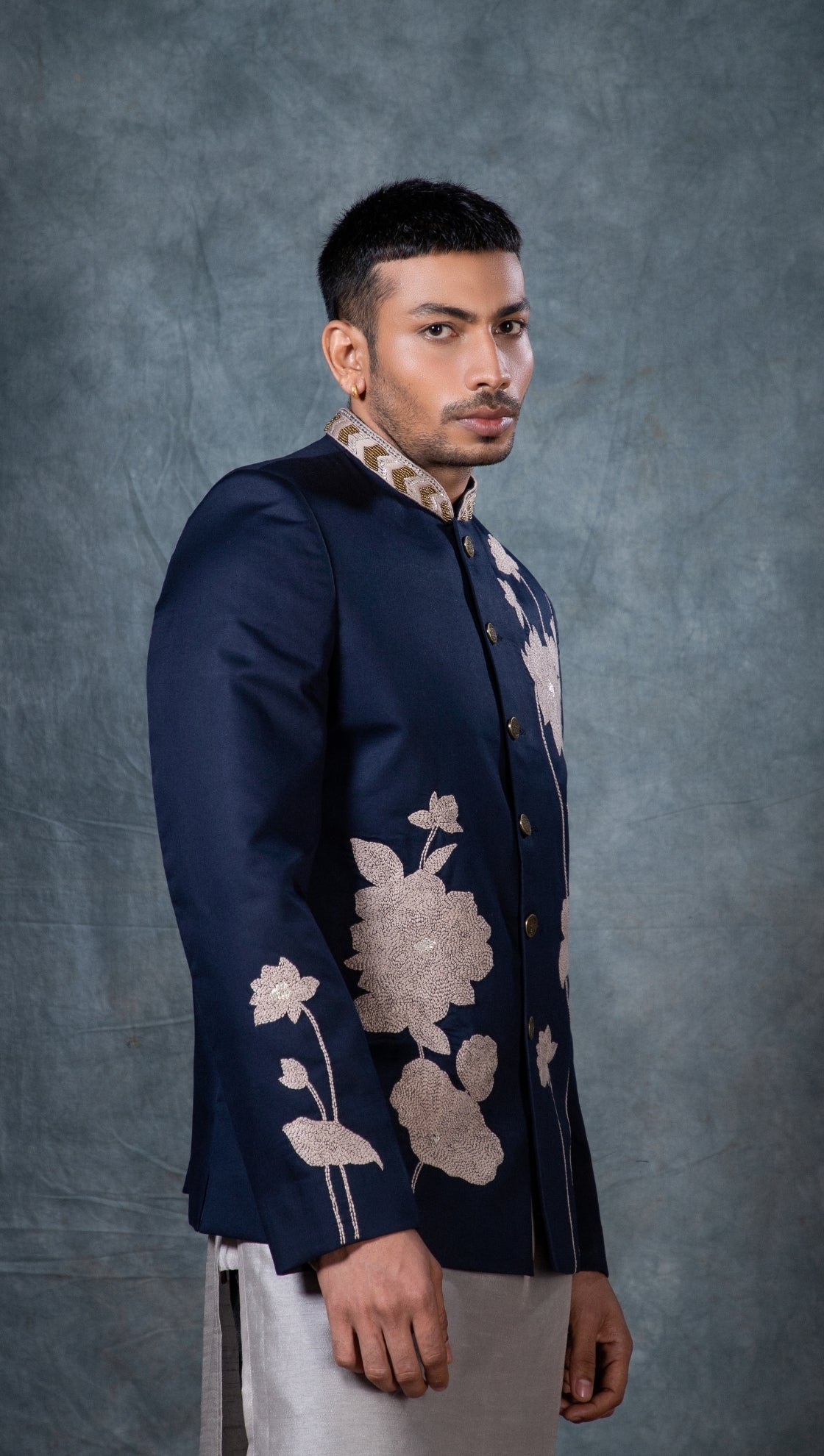 Midnight blue lotus embroidered bandhgala set