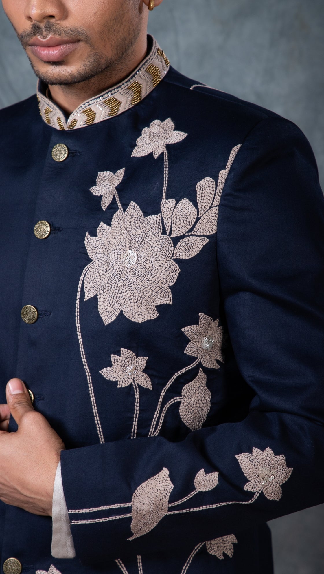 Midnight blue lotus embroidered bandhgala set