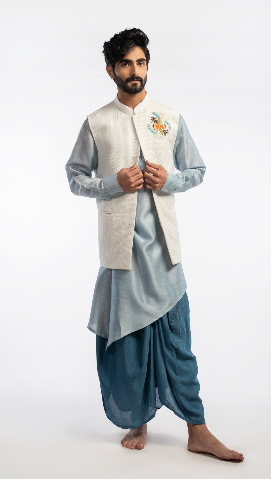 Asymmetric Kurta with White Bundi and Dhoti Set