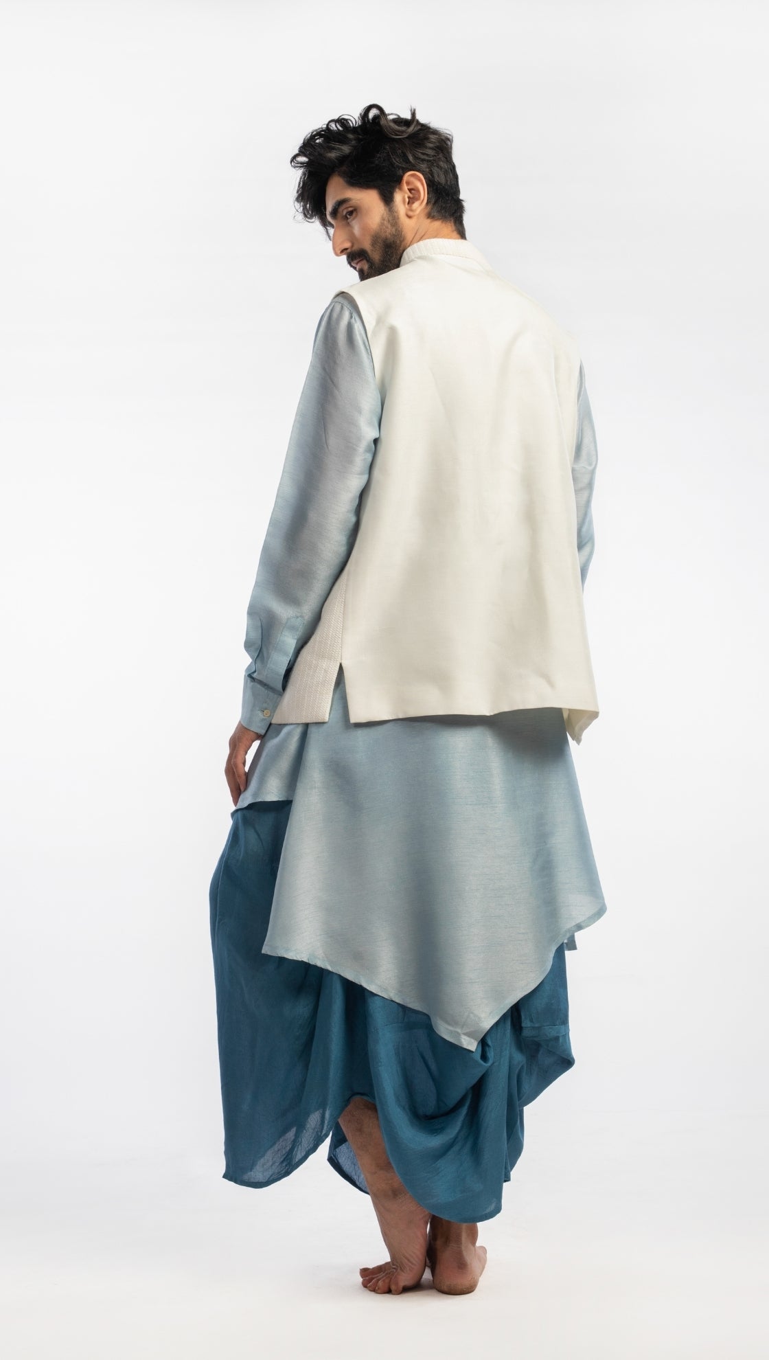 Asymmetric Kurta with White Bundi and Dhoti Set