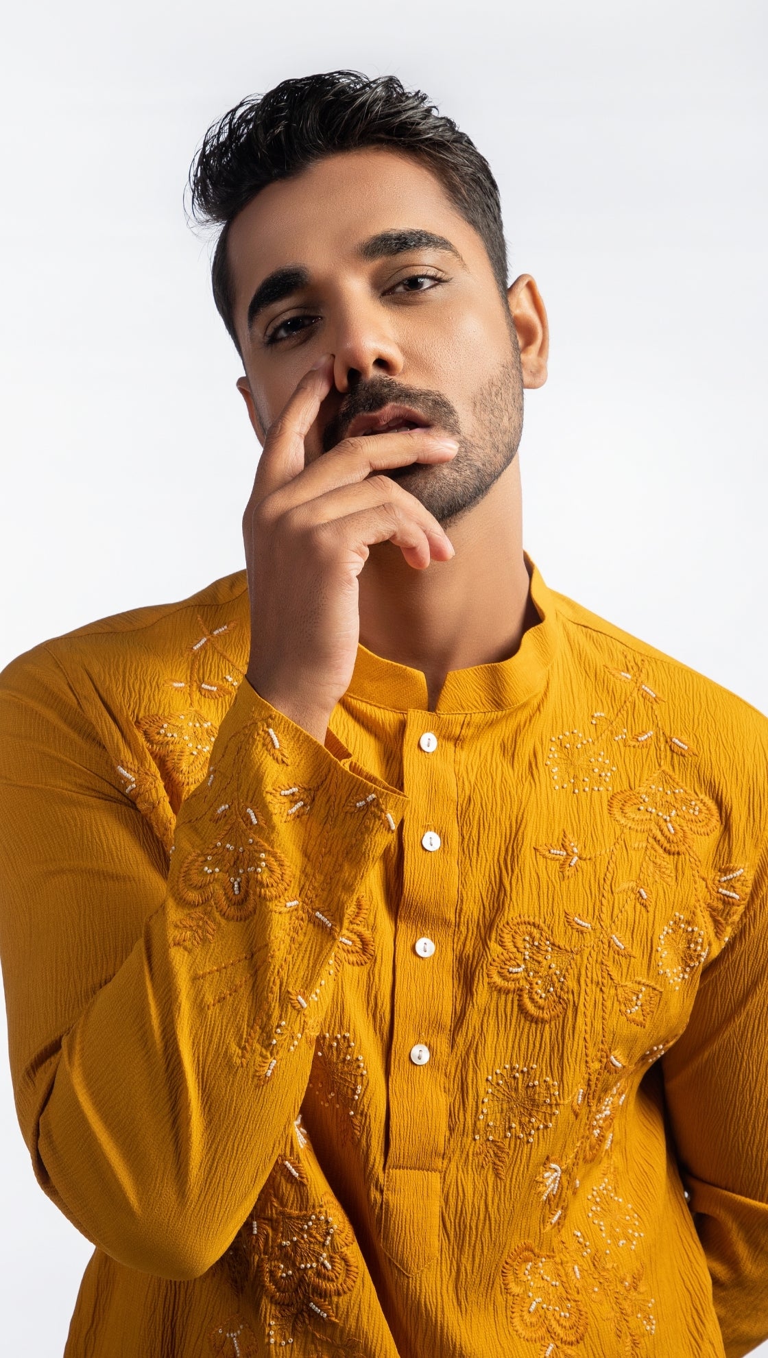 Yellow Kurta with Thread and Moti Embroidery