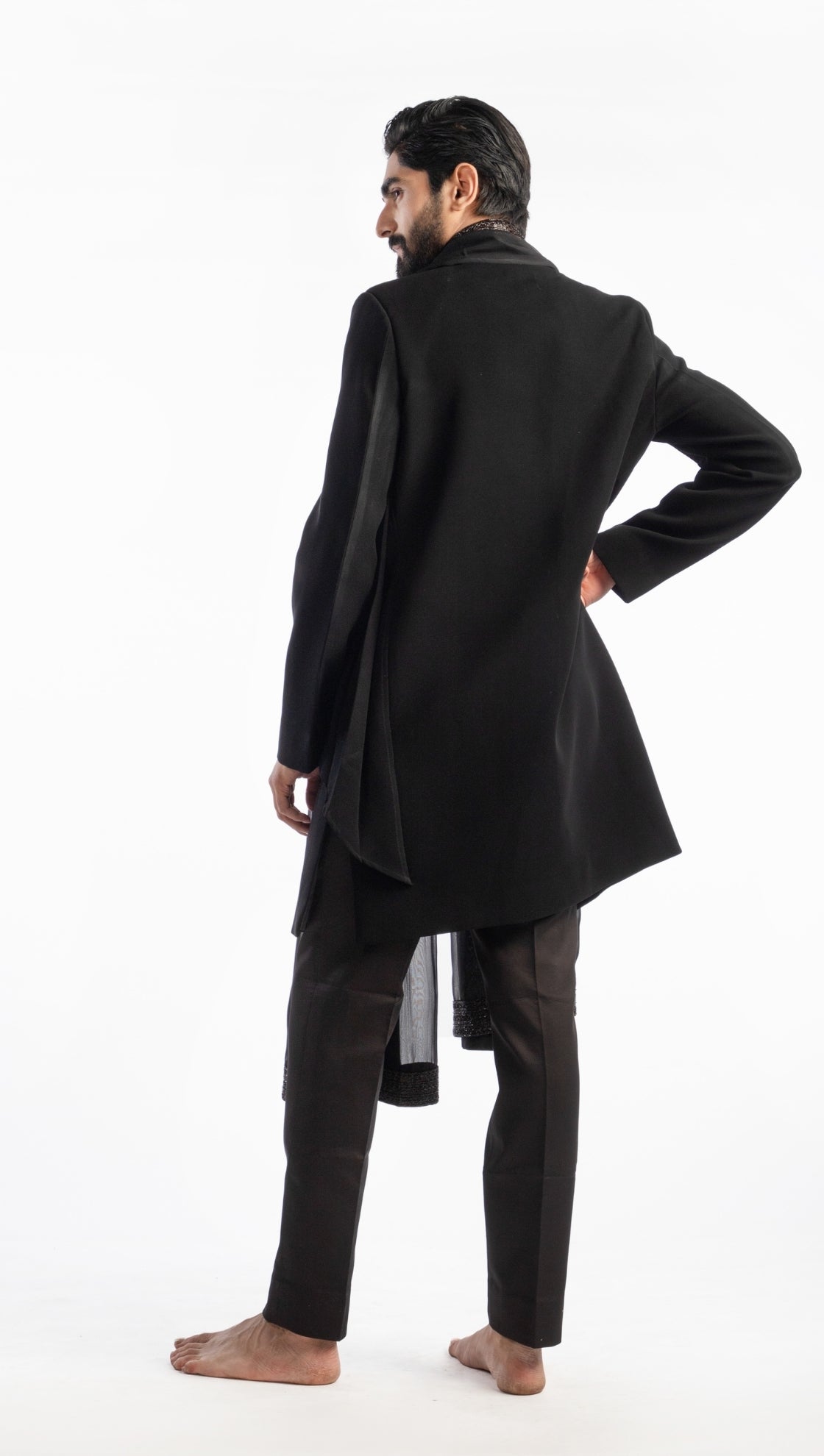Black Shirt Collar Over Lap Indo Western Jacket With Dupatta