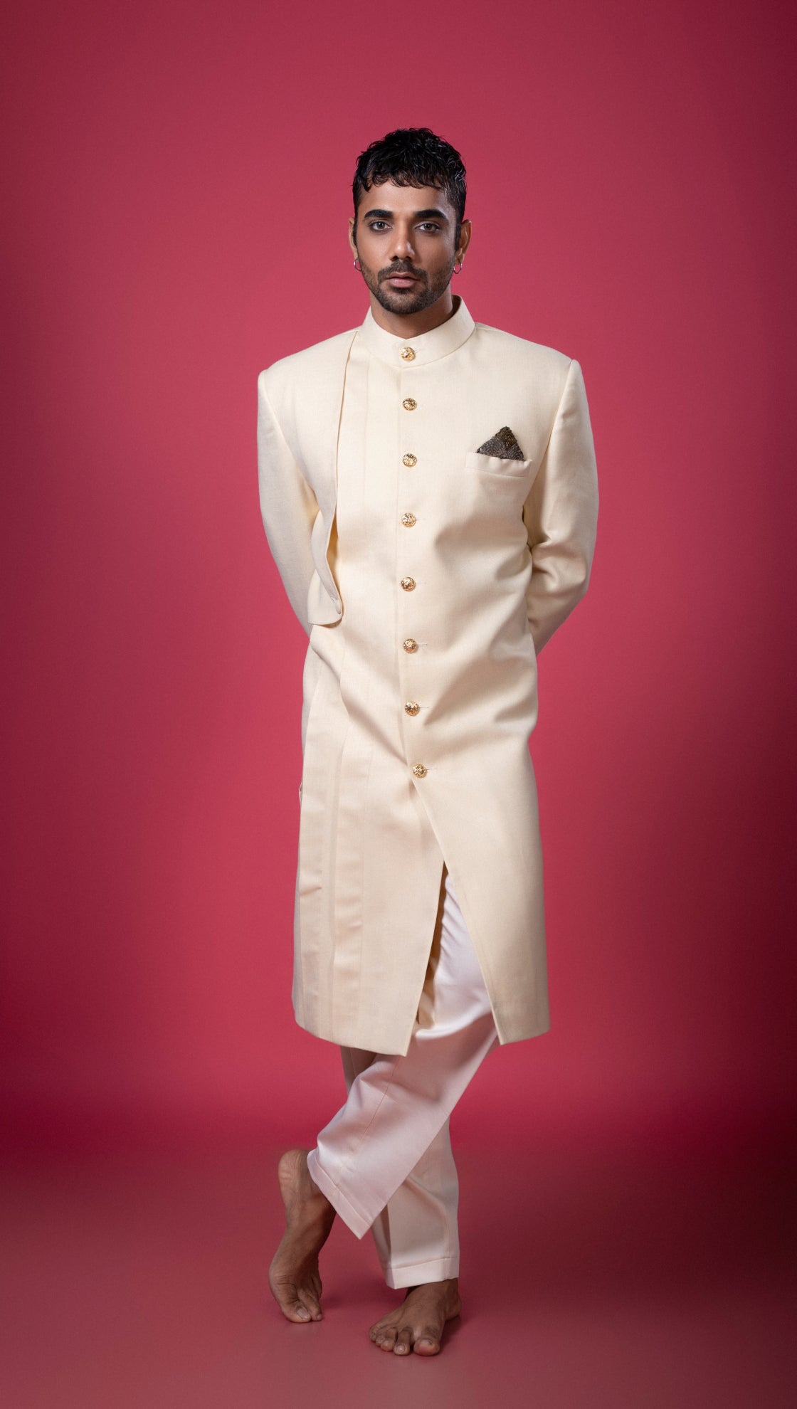 Beige Layered and Paneled Achkan