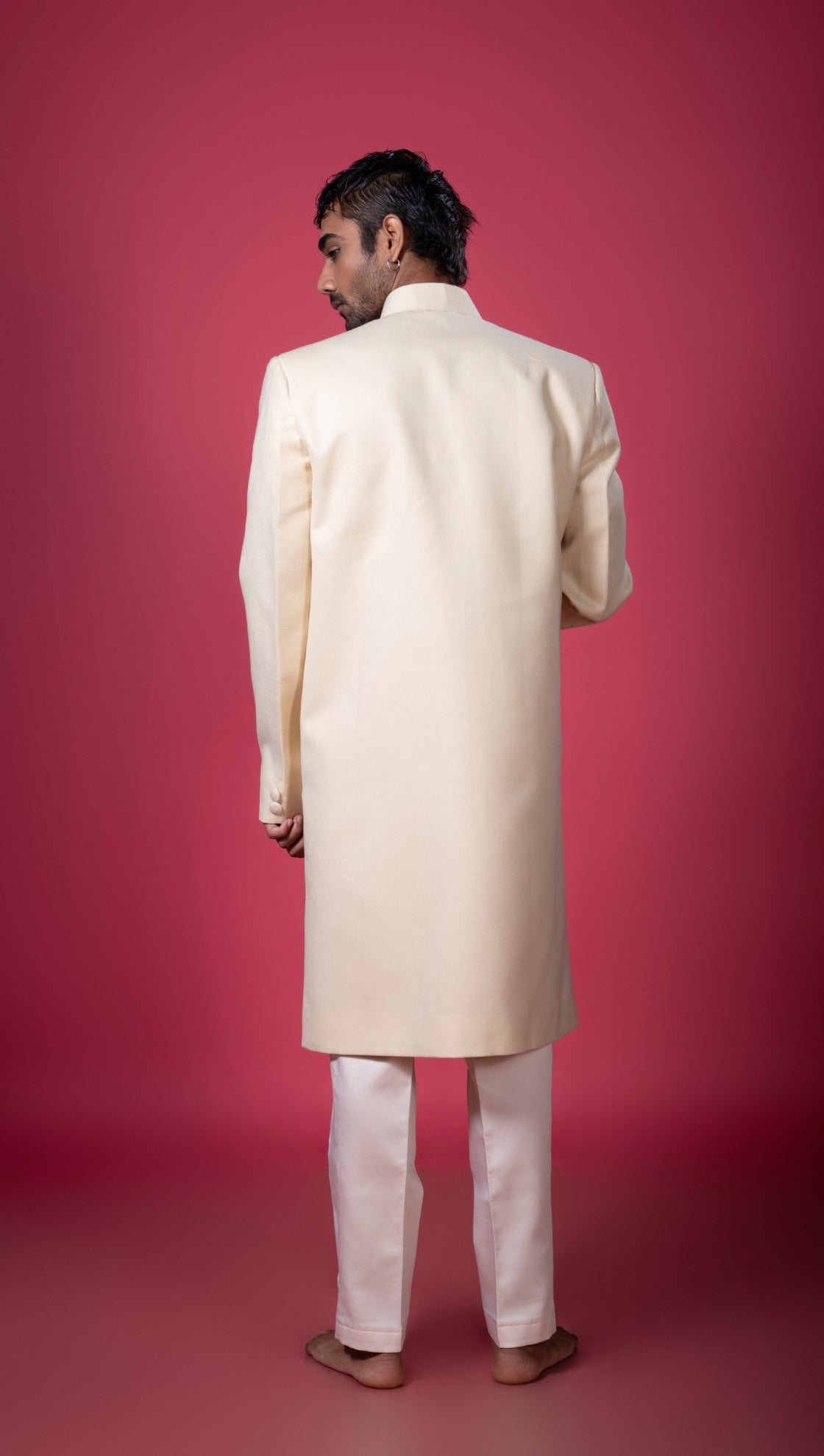 Beige Layered and Paneled Achkan