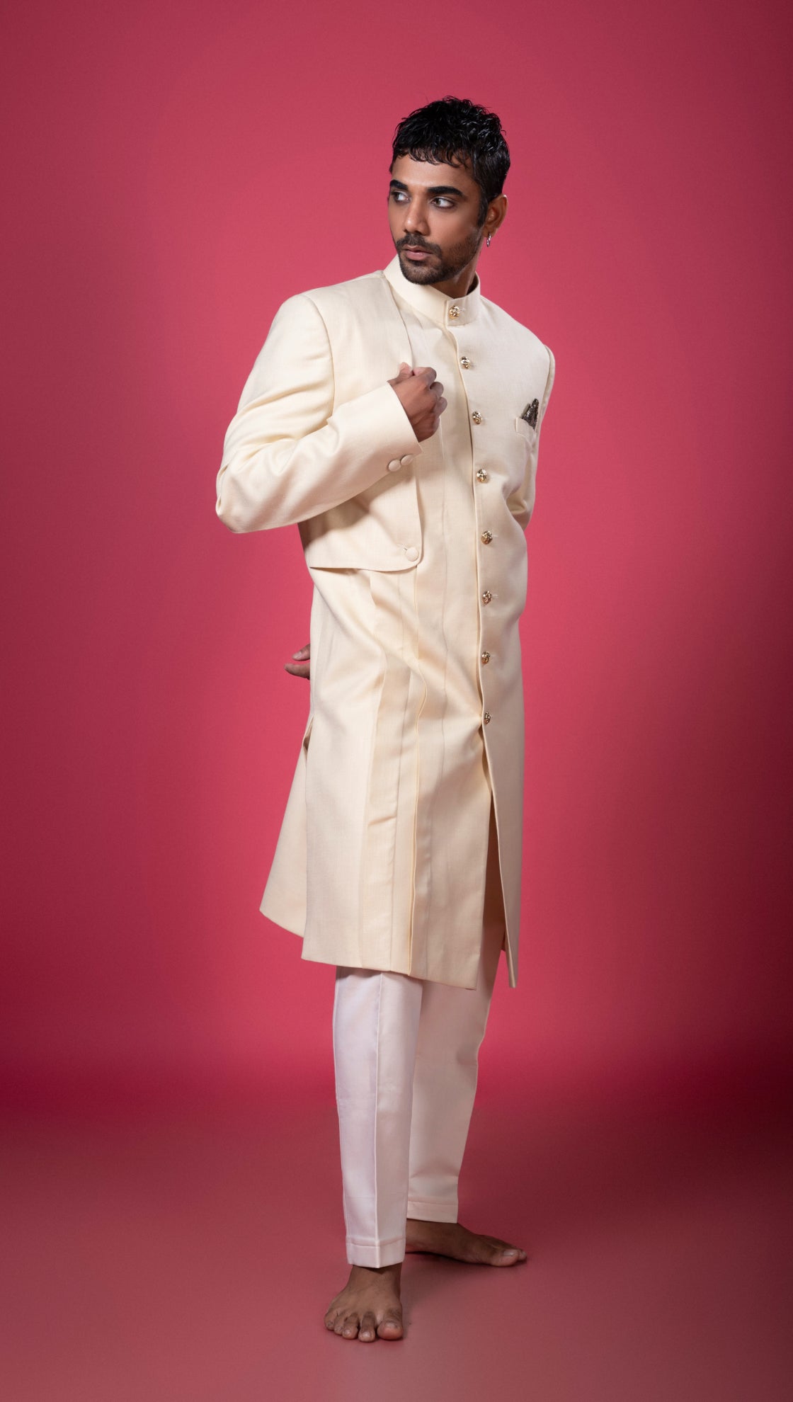 Beige Layered and Paneled Achkan