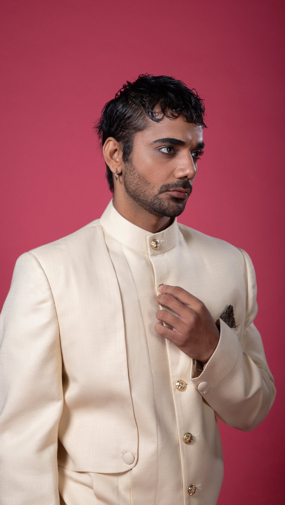 Beige Layered and Paneled Achkan