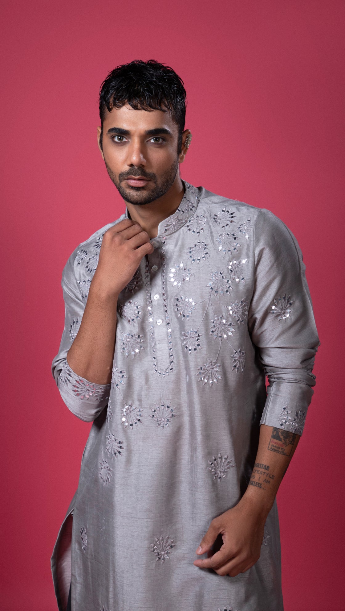 Grey Silk Mirror Kurta