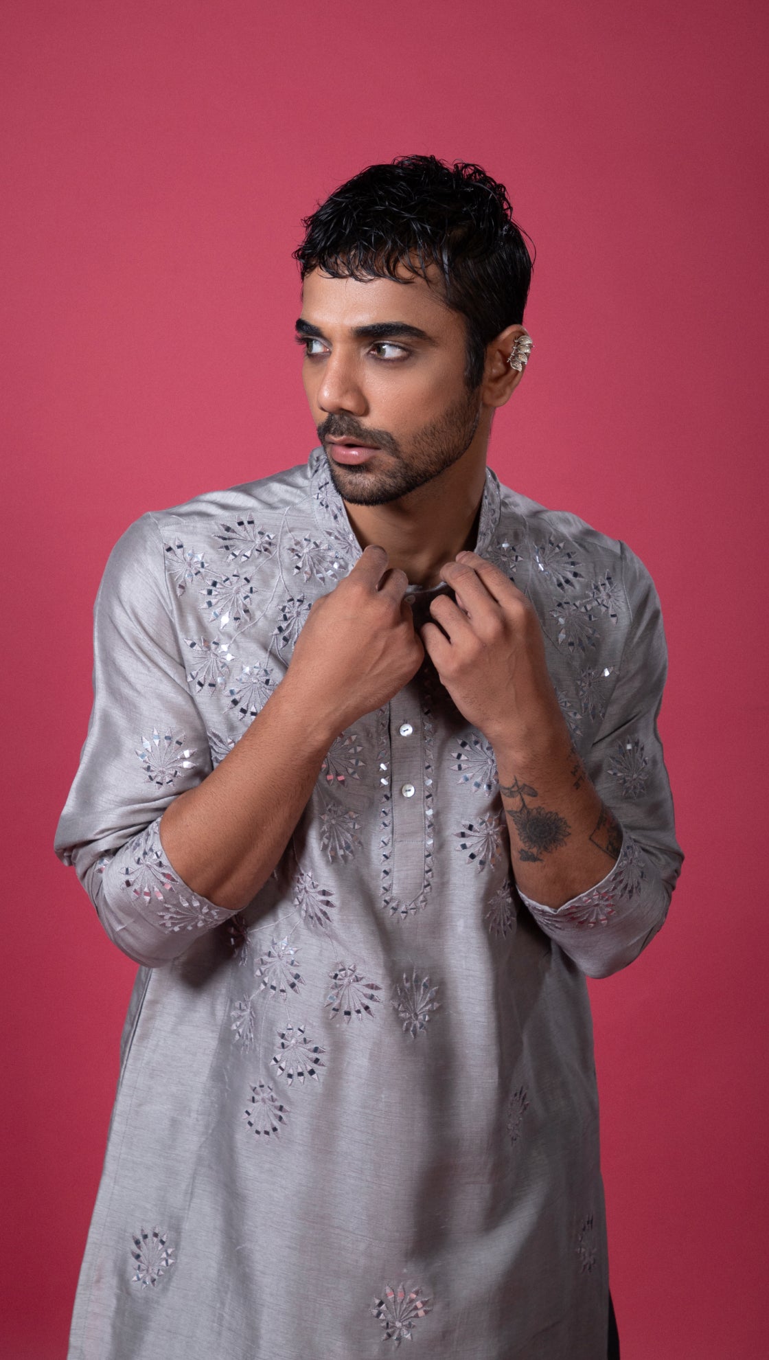 Grey Silk Mirror Kurta