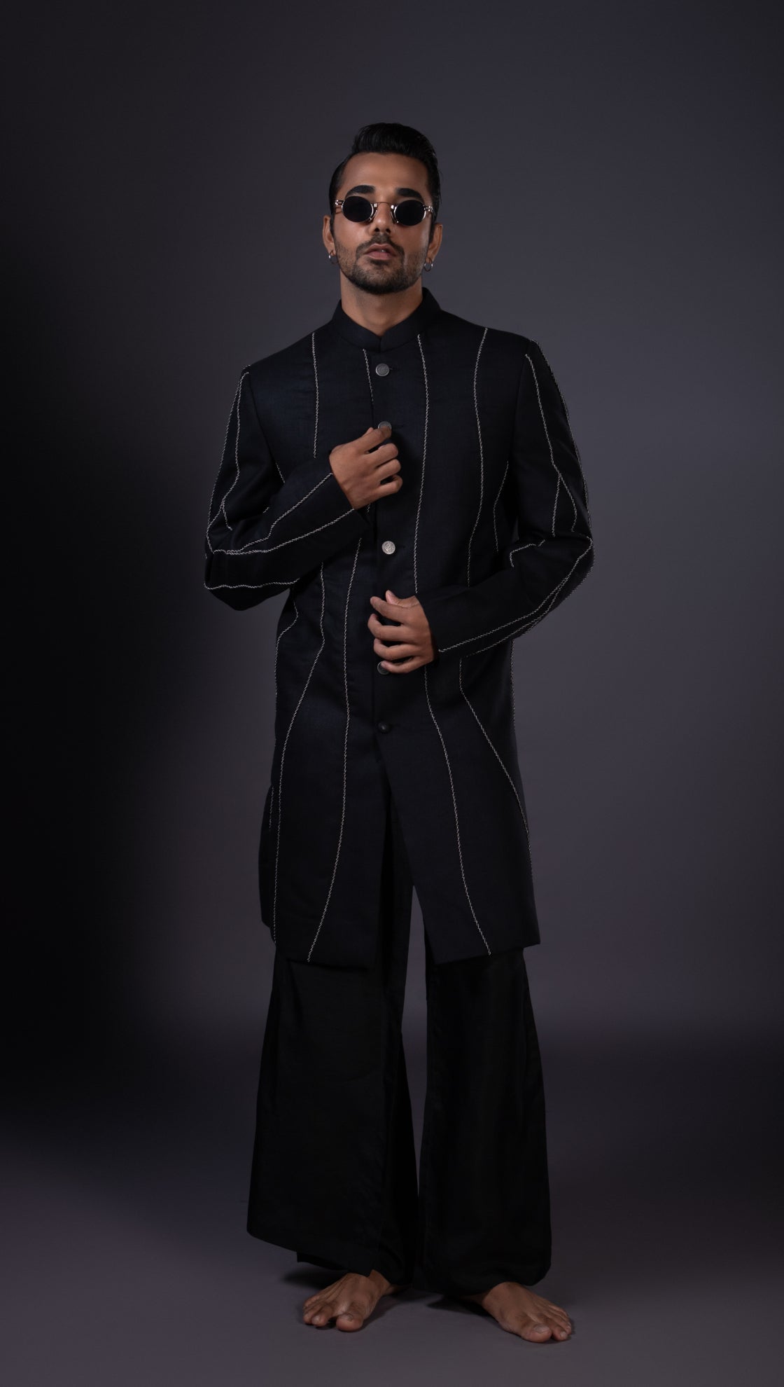 Black Coded Paneled Achkan
