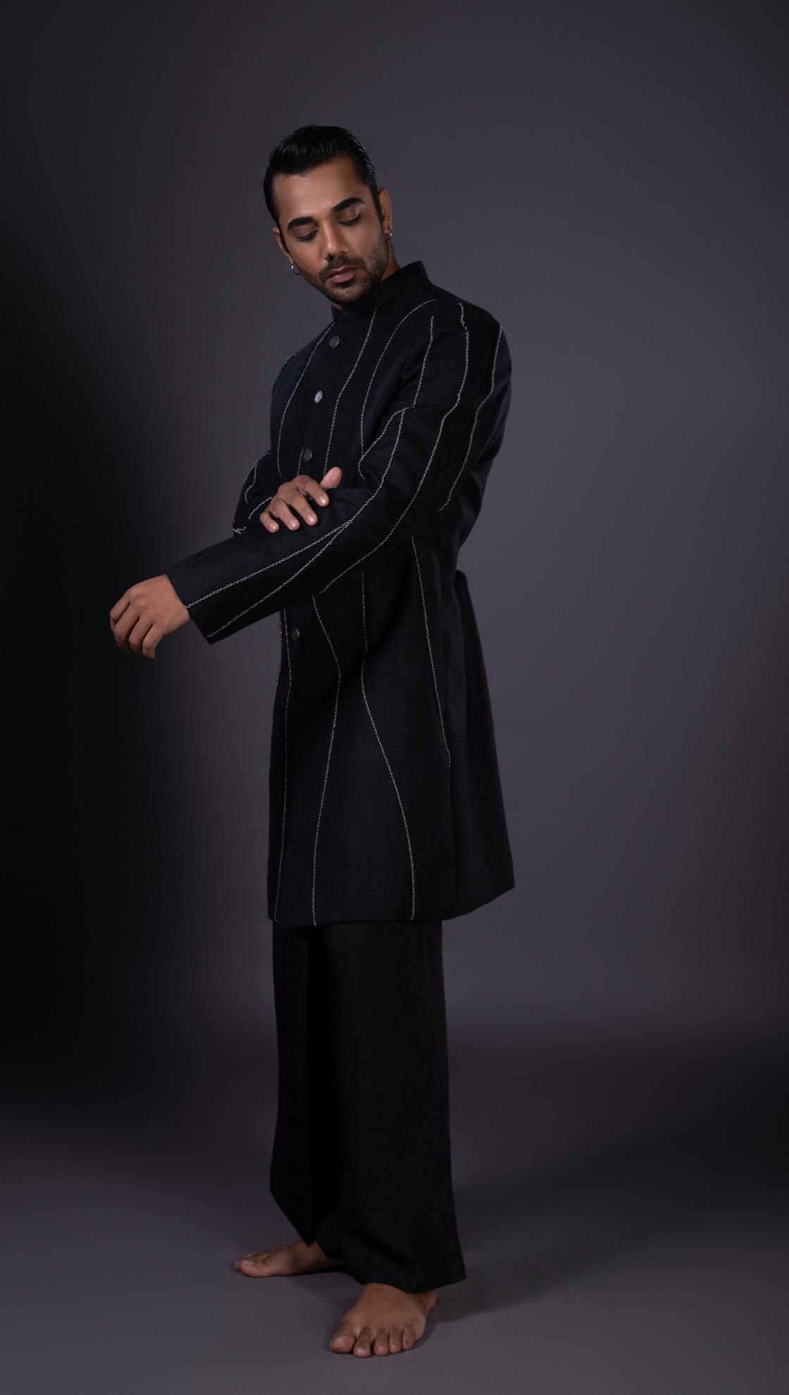 Black Coded Paneled Achkan
