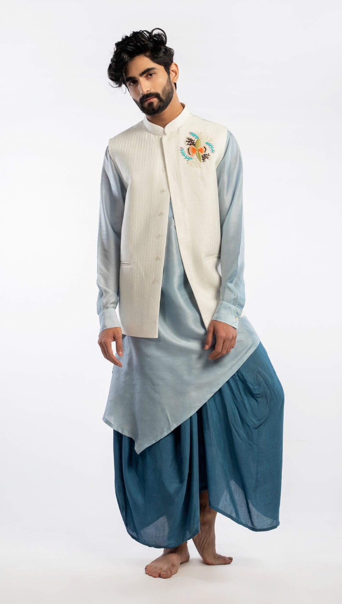 Asymmetric Kurta with White Bundi and Dhoti Set
