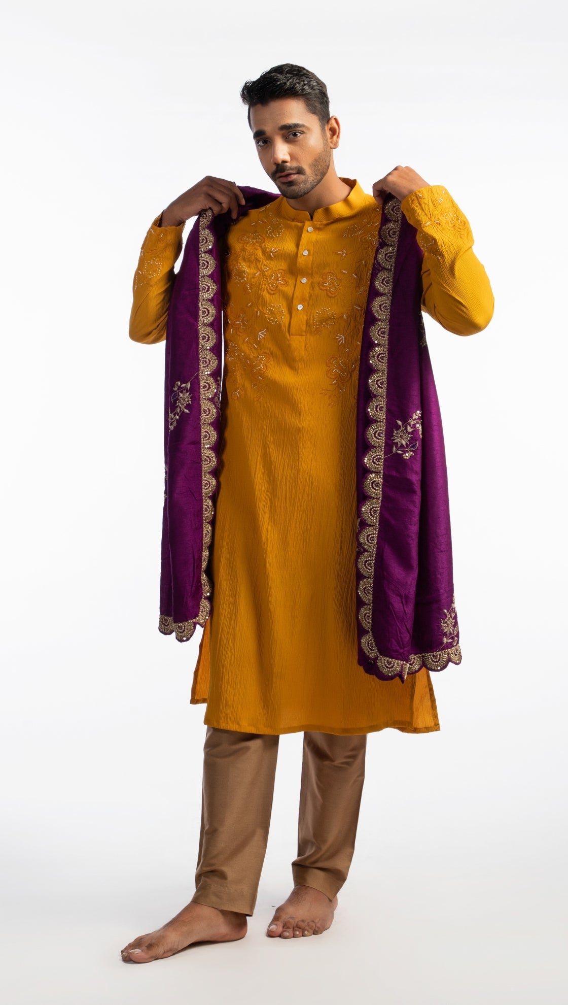 Yellow Kurta with Thread and Moti Embroidery