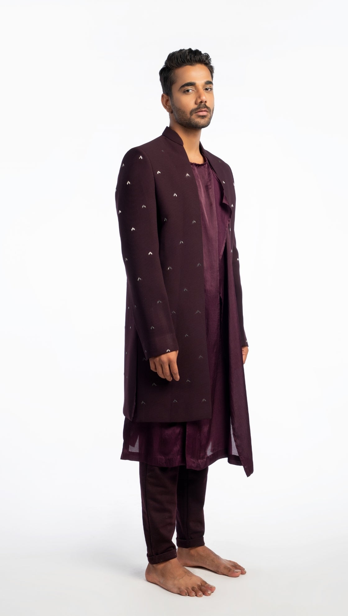 Front Open Purple Jacket with Katdana Work and Asymmetric Kurta Set