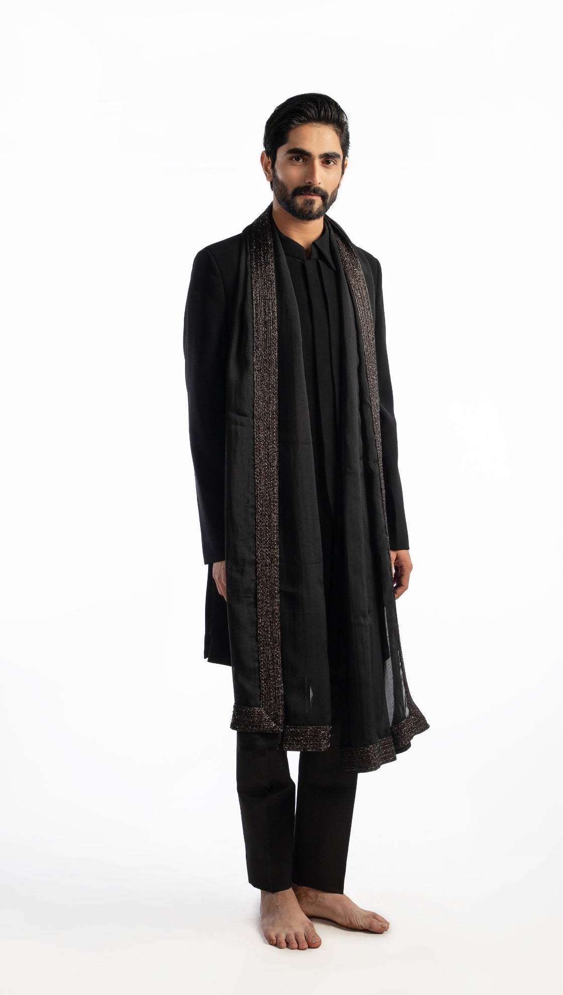 Black Shirt Collar Over Lap Indo Western Jacket With Dupatta