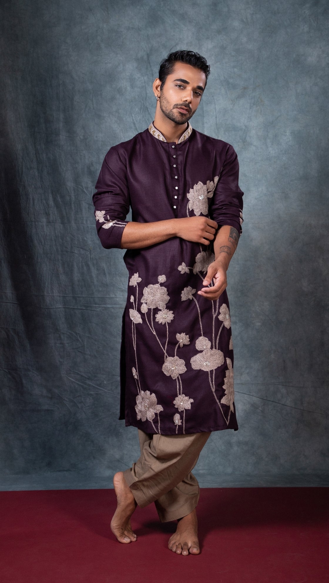 Dark Purple Lotus Embroidered Kurta