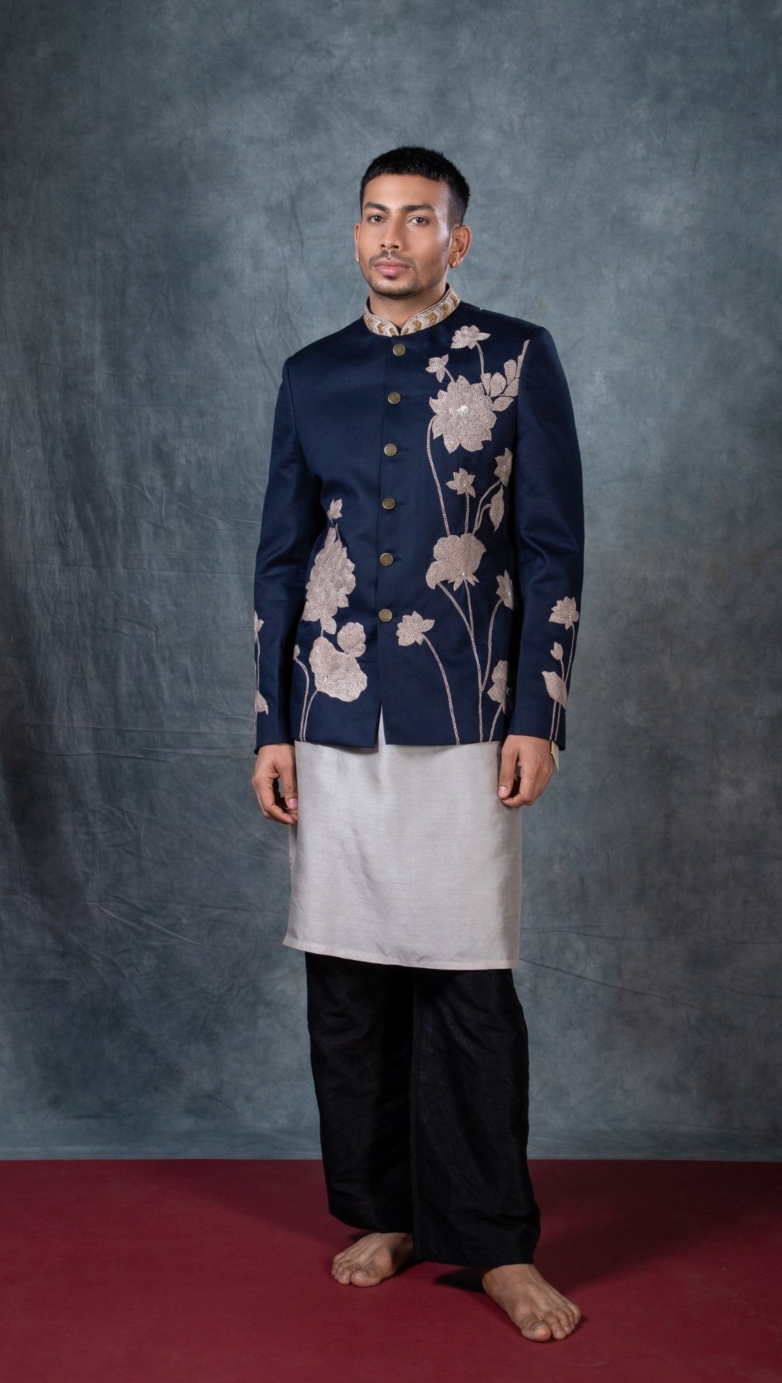 Midnight blue lotus embroidered bandhgala set